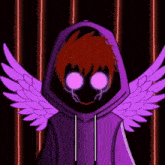 a cartoon character is wearing a purple hoodie with wings and glowing eyes .