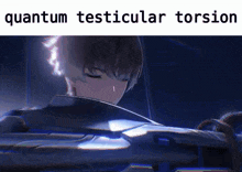 a video game character is holding a gun with the words quantum testicular torsion above him