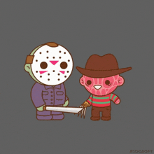 a cartoon drawing of jason voorhees and freddy krueger standing next to each other