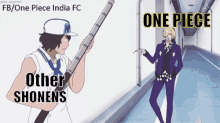 a cartoon of two men standing next to each other with one piece india fc written on the bottom right