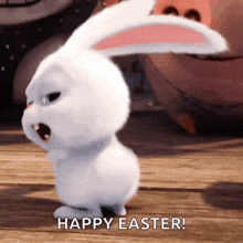 a cartoon bunny is standing on a wooden floor with the words happy easter below it