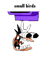 a cartoon character with a purple box on his head and the words small birds below it