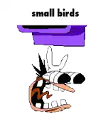 a cartoon character with a purple box on his head and the words small birds below it