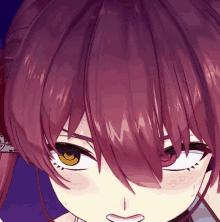a close up of a girl 's face with red hair