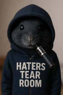 a rat wearing a hoodie that says haters tear room is smoking an electronic cigarette