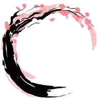 a black circle with pink petals in it