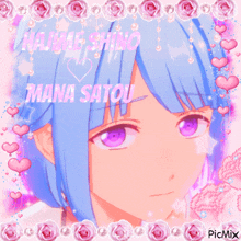 a picture of a girl with blue hair and purple eyes with the name mana satou on it
