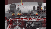 a car with blood on the steering wheel and dashboard
