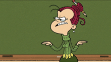 a cartoon character with a pencil in her hair is standing in front of a chalkboard