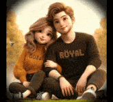 a boy and a girl are sitting next to each other and the boy is wearing a sweater that says royal
