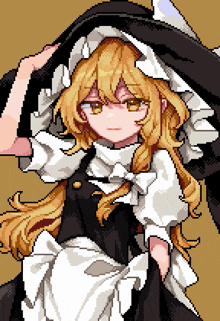 a pixel art drawing of a girl wearing a hat