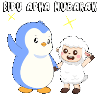 a penguin and a sheep are standing next to each other with the words eid adha mubarak in the background
