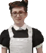 a young man in a maid costume and apron is wearing glasses .