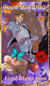 a picture of a man in a suit and tie with the words good morning god bless you