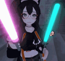 a girl with glasses is holding two lightsabers in front of a man with a mustache