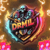 a logo for drmil shows a skull and two girls holding guitars