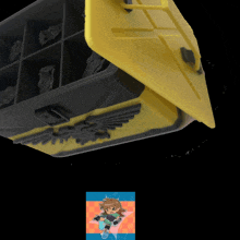 a yellow box with a black eagle on it and a picture of a girl sitting on a star