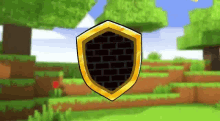 a shield with a brick wall inside of it is floating in the air in a minecraft game .