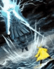 a person in a yellow coat is standing in the middle of a storm with a lightning bolt coming from the sky .