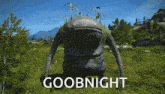 a frog is standing in a grassy field with the words goobnight written above it