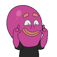 a pink cartoon character with a black shirt is making a face