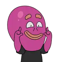 a pink cartoon character with a black shirt is making a face