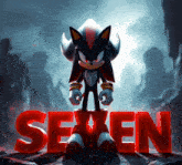 shadow the hedgehog stands in front of a sign that says seven