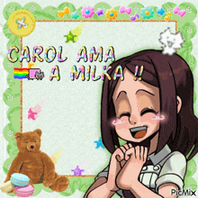 a picture of a girl with the words carol ama milka on it