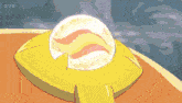 a cartoon drawing of a yellow object with a white sphere on top of it