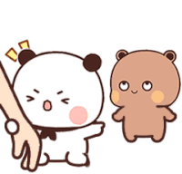 a panda bear and a brown bear are holding hands .