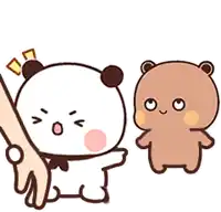 a panda bear and a brown bear are holding hands .