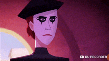 a cartoon character with a black hat and a white face .
