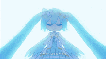 a drawing of a girl in a white dress with blue wings and a blue sky in the background