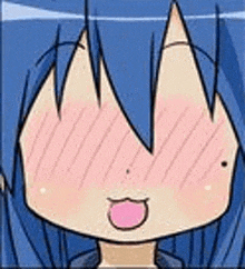 a cartoon of a girl with blue hair and a pink tongue sticking out of her mouth .
