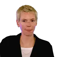 a woman with short blonde hair is wearing a white shirt and a black jacket