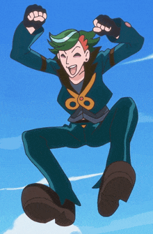 a cartoon character with green hair is jumping in the air with his arms in the air