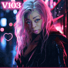a pixel art of a woman with pink hair under a neon sign that says " v103 "