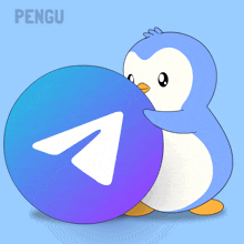 a penguin is holding a purple ball with the telegram logo