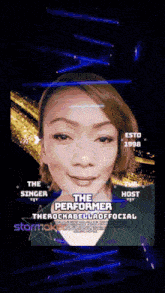 a screen shows a woman named the performer and the host
