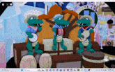 three alligators are playing instruments in a video game called roblox