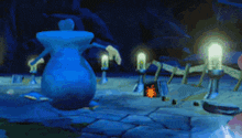 a cartoon scene with a blue object and lanterns in the background