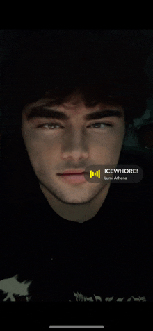 a close up of a person 's face with icewhore written on the bottom right