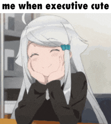 a girl with long white hair is smiling with the words me when executive cute above her