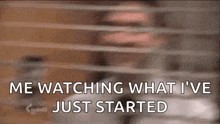 a blurred image of a person behind blinds with the words `` me watching what i 've just started ''