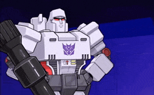 a cartoon drawing of a robot with a purple emblem on it