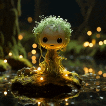 a figurine of a tree with a green head is sitting on a mossy rock