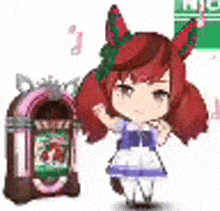 a little girl is standing next to a jukebox in a video game .