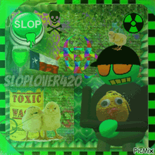 a collage of images with a green button that says ' stop ' on it