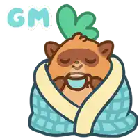 a cartoon drawing of a hamster wrapped in a blanket drinking a cup of coffee