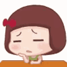 a cartoon girl with short brown hair is sitting at a table with her eyes closed and her hand on her chin .